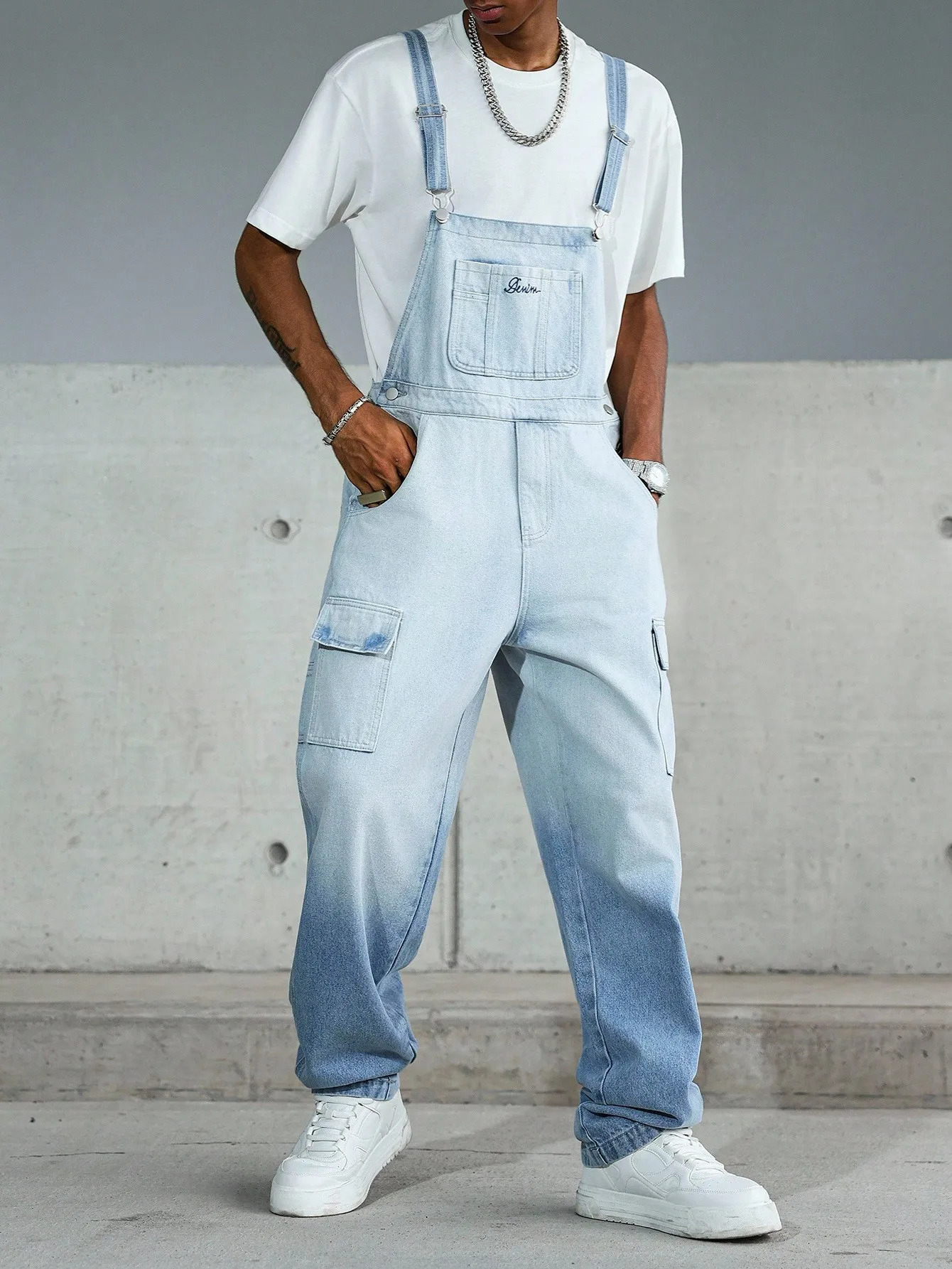 Mens Gradient Light Blue Denim Overalls Work Pants Comfortable and Stylish Jumpsuits Man 260717banjia