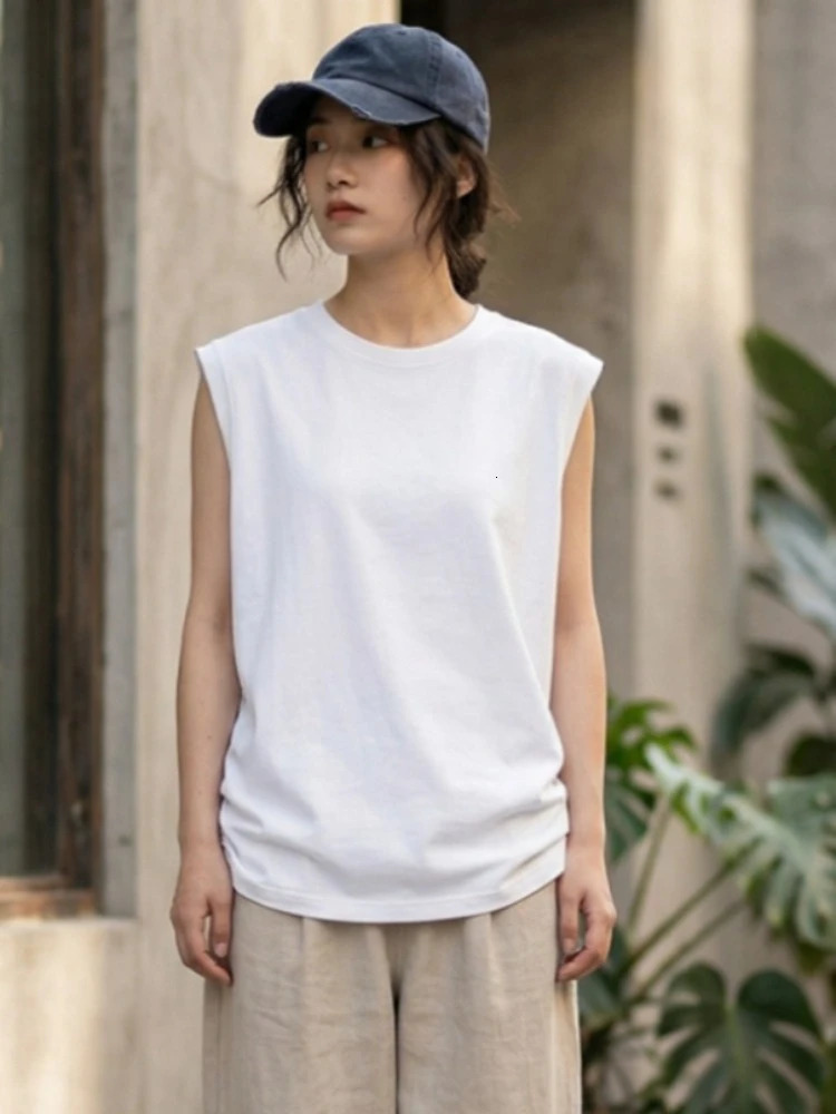 2026 Summer Cotton ONeck Sleeveless Vest Solid Color Ribbed Cuff Womens Tank Top Loose Casual Versatile Streetwear Camisole 260717BJ