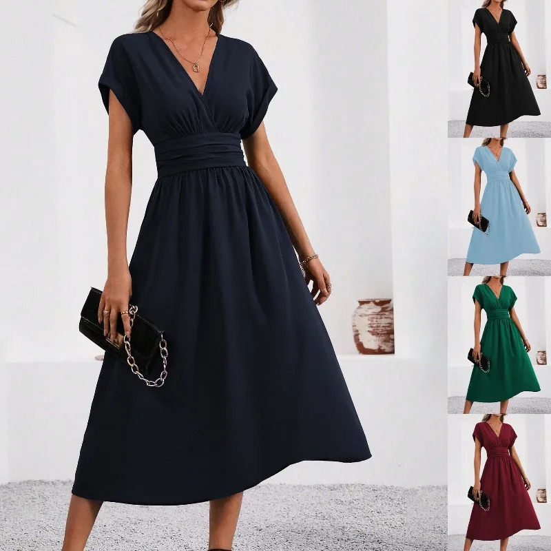 Dresses 2025 Woman Summer SolidColor VNeck BatwingSleeve Pleated Long Elegant Dress Clothing Tops Skirts Y2k Clothes 260717banjia
