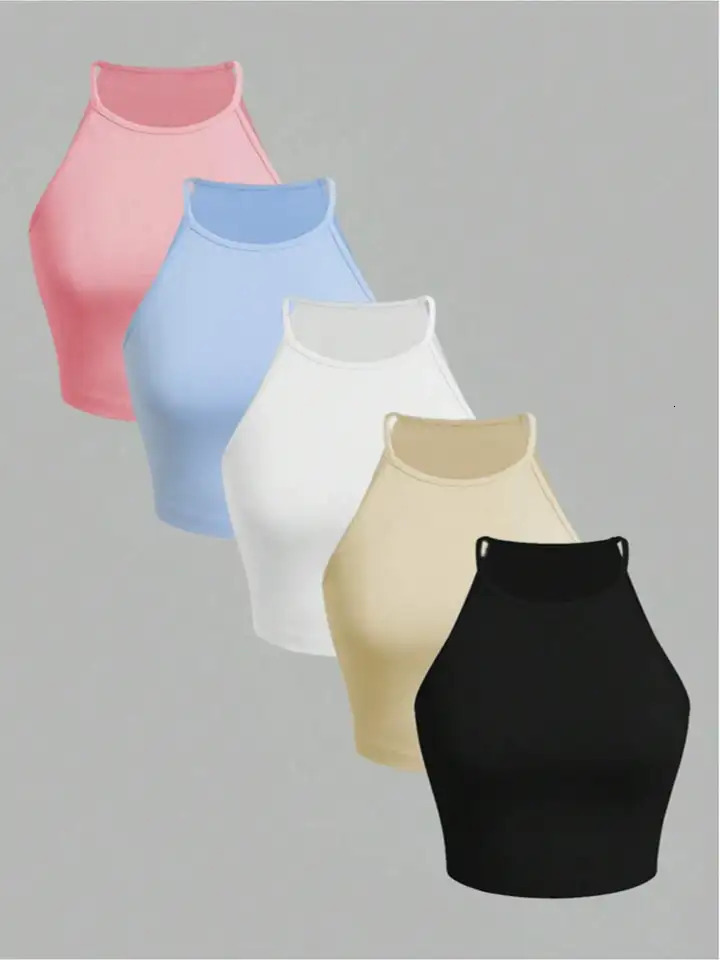 5PC Womens Suit Casual and Comfortable Round Neck Suspender Sleeveless Solid Color Vest Top 5Piece Set 260717BJ