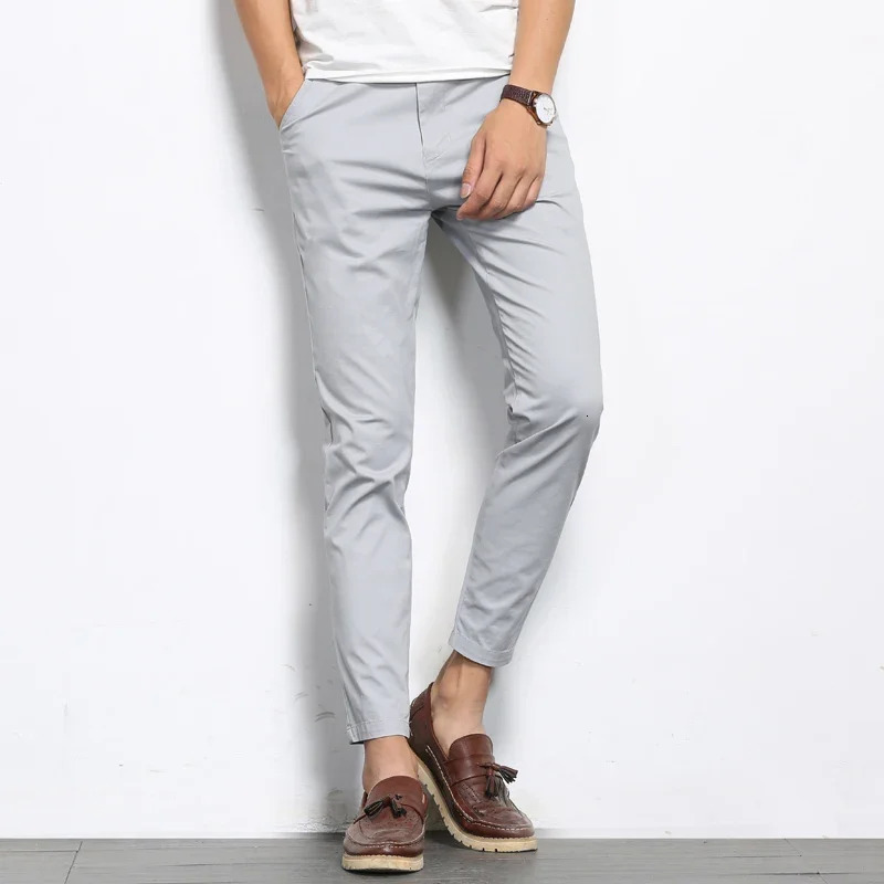 BROWON Summer Men Fashions Solid Color Casual Pants Straight Slight Elastic AnkleLength High Quality Formal Trousers 260717banjia