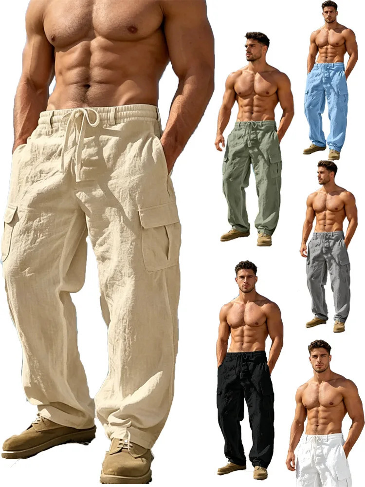 2026 Summer MenS Cotton And Linen Pants Multiple Pockets Breathable Loose Drawstring Straight Leg Sports Casual 260717banjia