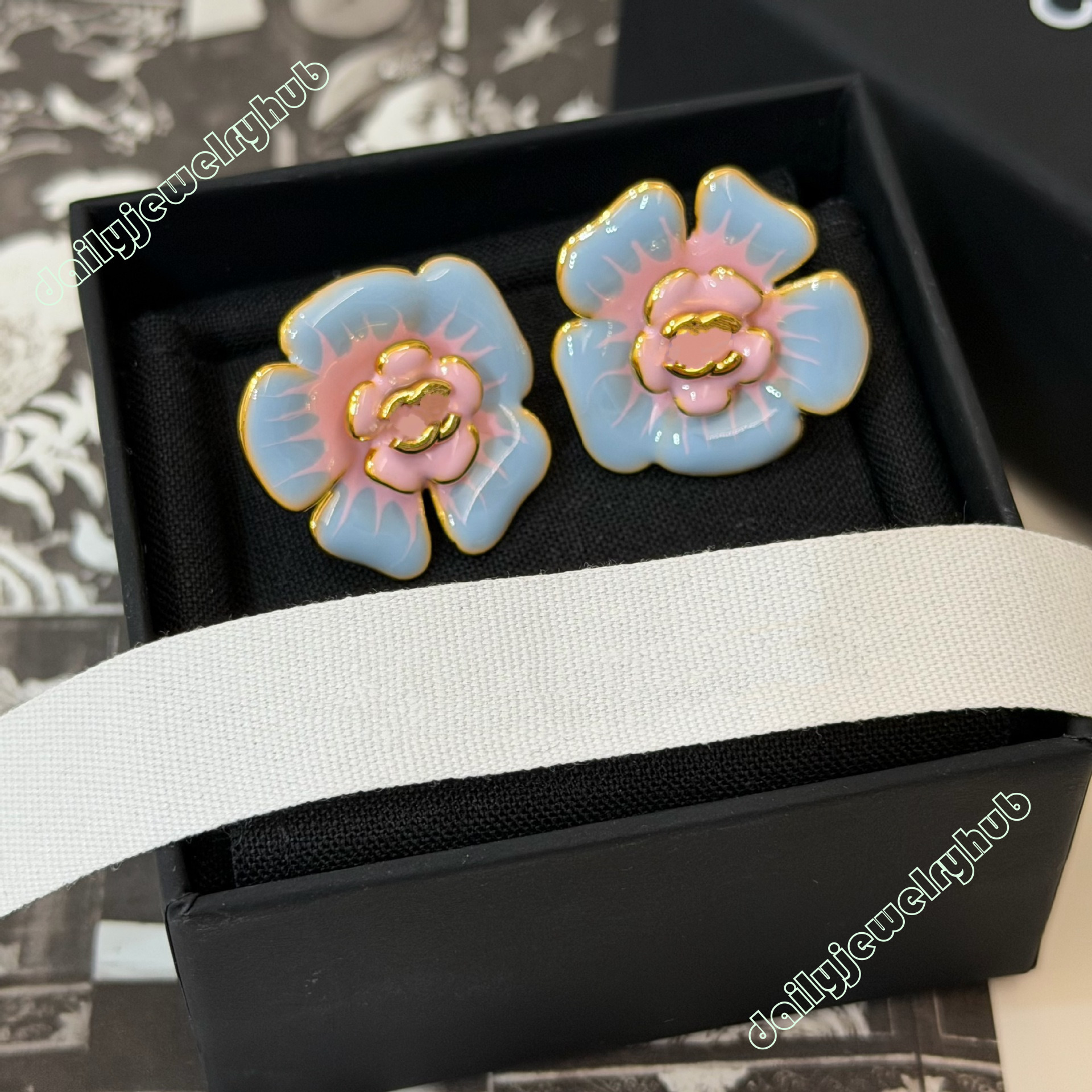 CC Jewelry Channel Earrings New blue pink color-blocked camellia earrings for women, summer oil-drip elegant and high-quality