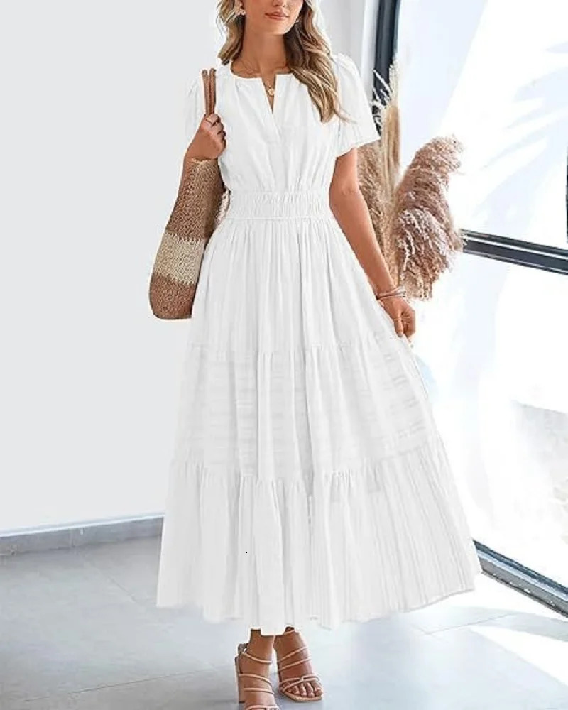 Summer Solid Color Vneck Tight Waist Dress French Style Elegant Pleated Large Swing Long Casual Vacation Slimming M 260717banjia