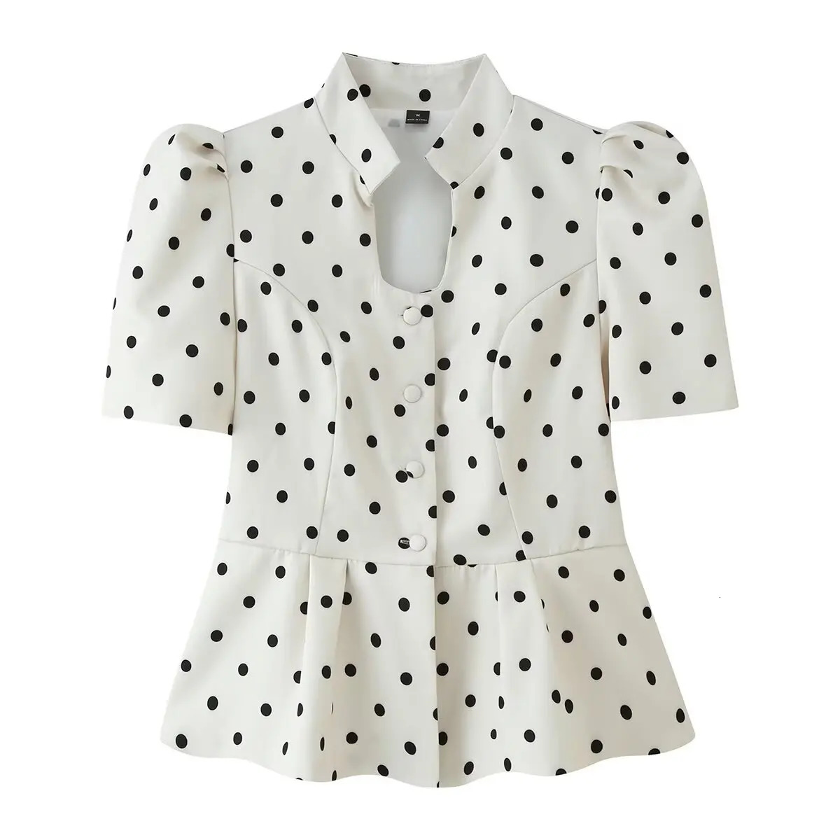 Willshela Women Fashion Dot Single Breasted Blazer Vintage Stand Collar Short Puff Sleeves Female Chic Lady Coats Outfits 260716BANJIA