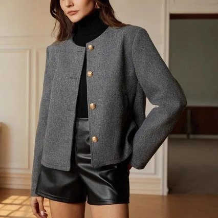 French Short Blazer Womens Button SingleBreasted n Grey Office Tailored Jacket y Elegant SpringAutumn Coat 260716BANJIA