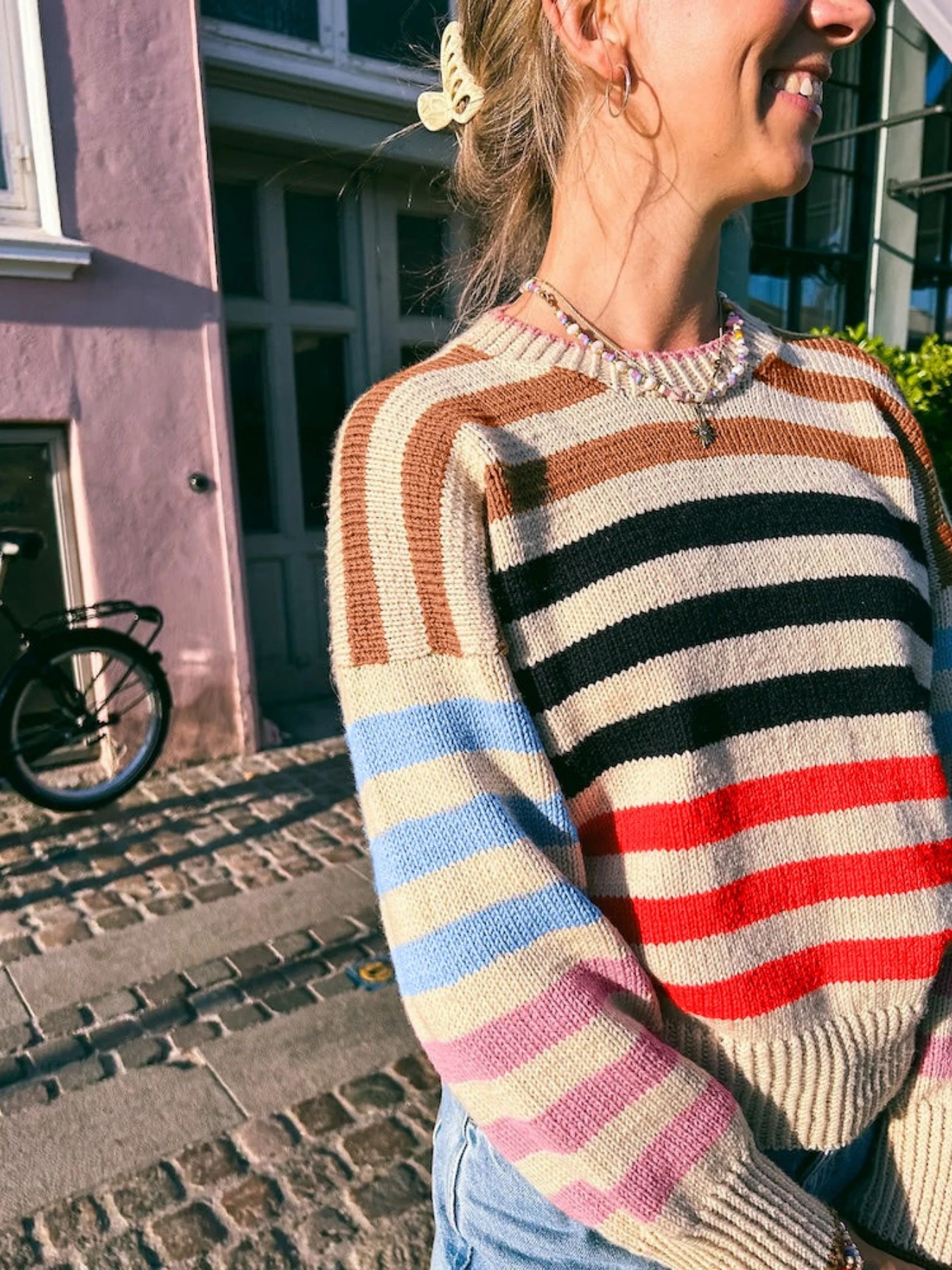 Women Colorblock Rainbow Striped Crew Neck Sweater Loose Drop Shoulder Long Sleeve Knit Pullover Fall Winter Casual Top 260717BJ