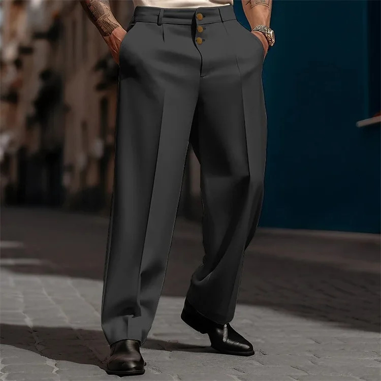 Male Formal Outdoor Pants Mens Solid Color Simple Basic Casual Trendy Loose Business Wide Leg Straight Button Suit Trousers 260717banjia