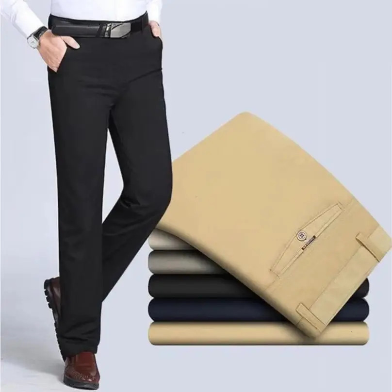 Mens 100 Cotton Spring Summer Thin Suit Pants Middleaged Slacks High Waist Straight Loose Solid Business Casual Father 260717banjia