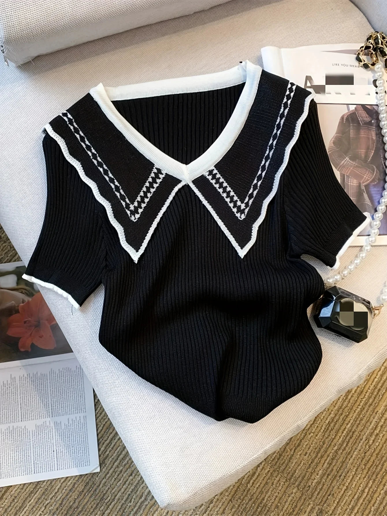 2026 Summer Thin Colorblock Doll Collar Knitted Pullover Casual Short Sleeve Fitted Top Womens Clothing Crop 260717BJ
