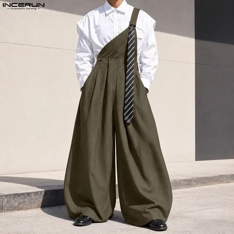 INCERUN Mens Wide Leg Jumpsuits Striped Patchwork One Shoulder Rompers For Man Oversize 2026 Fashion Casual Male Overalls S5XL 260717banjia