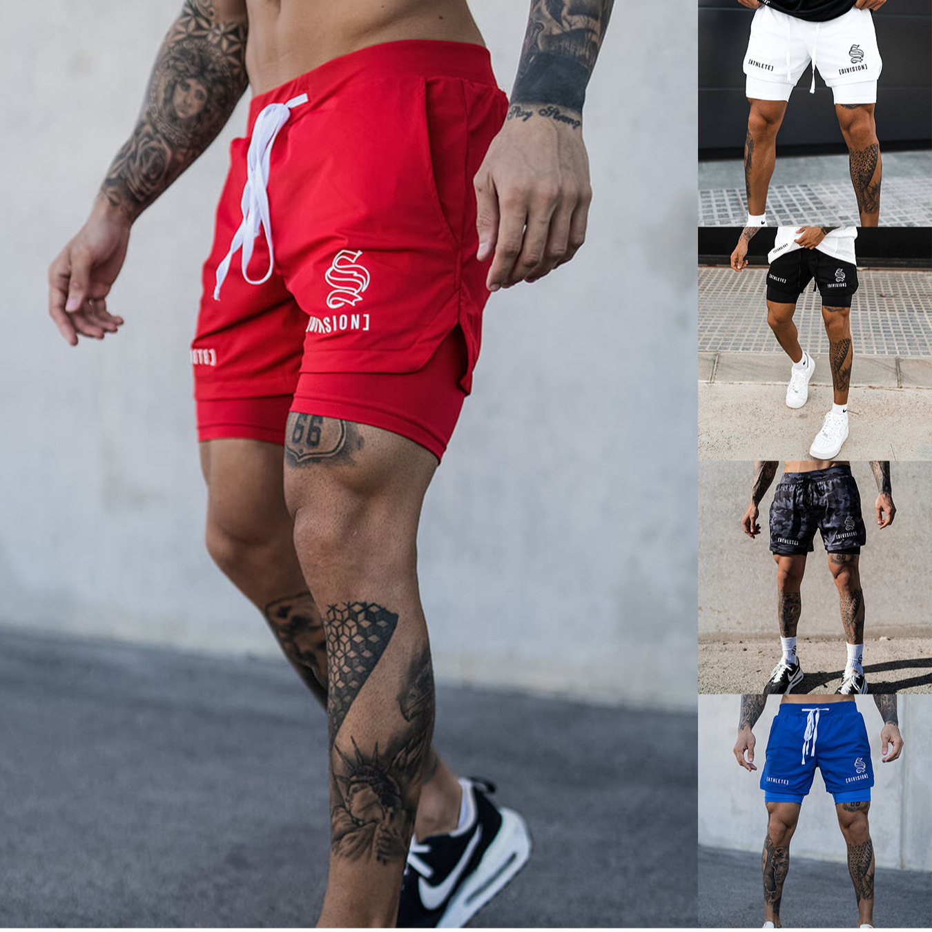 Muscle Fitness Foreign Trade Summer Men's Fashion Beach Woven Quick Dry Multi Color Sports Double Layer Quarter Length Shorts For Men
