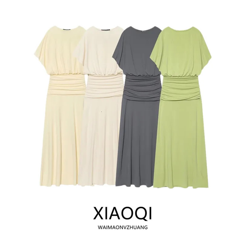 Fashionable Long Midi Dress Summer 2026 Womens Versatile High Waist Pleated Commute Style Short Sleeve round Neck 260717banjia
