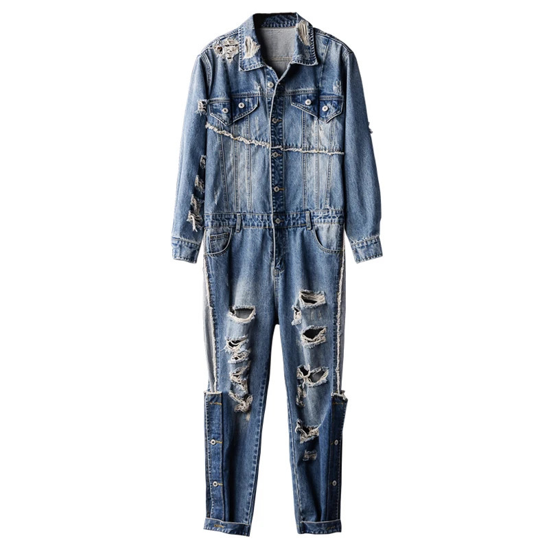 High Street Mens Denim Jumpsuit Streetwear Hole Ripped Jeans Overalls Hip Hop Cargo Freight Trousers Male 260717banjia