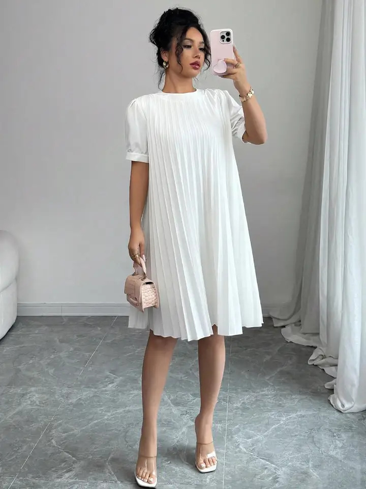 Womens PureColor Pleated Puff Sleeve Midi Dress Elegant Round Neck Loose ALine Swing for Office Casual Daily Holiday 260717banjia