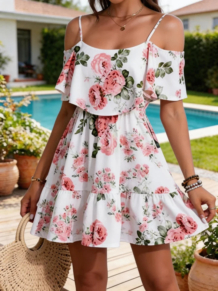 Womens EuropeanStyle Floral Print Dress Sleeveless Halter Top with Ruffled Edges Short Skirt for Summer 260717banjia