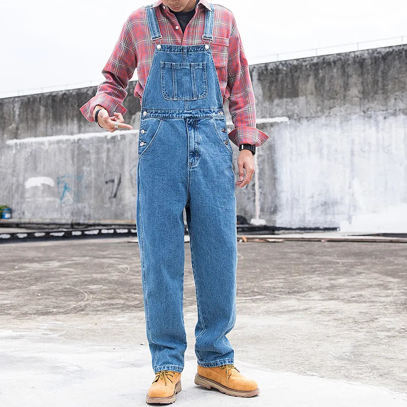 Denim Overalls Men Jumpsuits Straight Pants Washed Distressed Vintage Pockets Floor Length Streetwear Jeans Suspenders 260717banjia