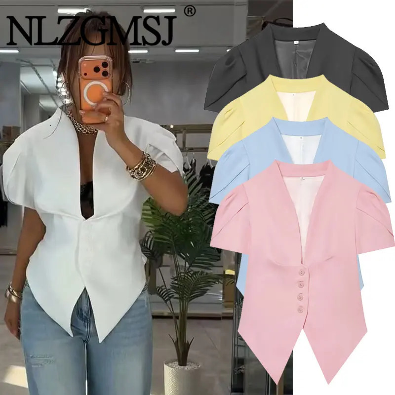 Nlzgmsj 2026 Summer Women Puff Sleeve Blazer Top Solid Color V Neck Button Slim Fit Casual Office Short Shirt 260716BANJIA