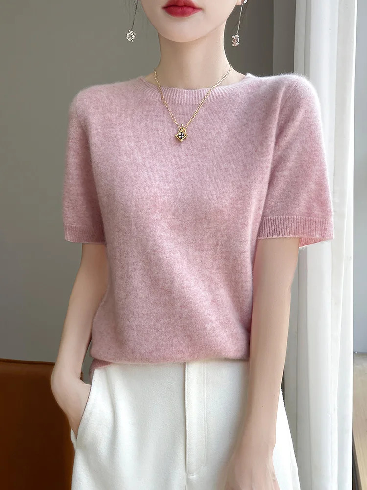 Fashion Basic Spring Summer Merino Wool Sweater ONeck Cashmere Pullover Solid Color Soft Short Sleeve Shirt Clothing Tops 260717BJ