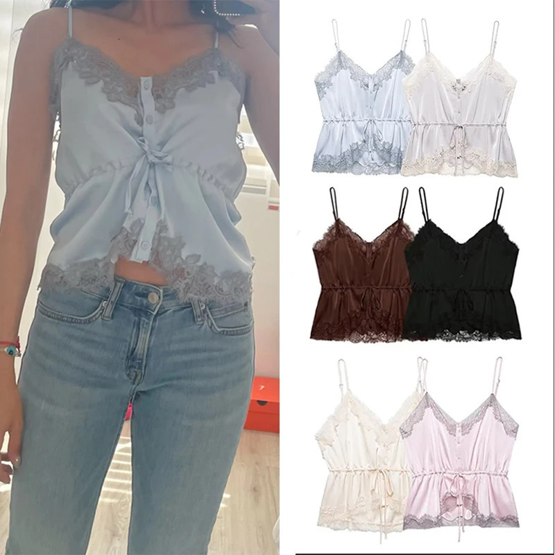 Women Satin Strappy Top 2026 Spring Summer Lace Romantic Holidays Suspender Fashion High Street Trendy Cute Tops 260717BJ