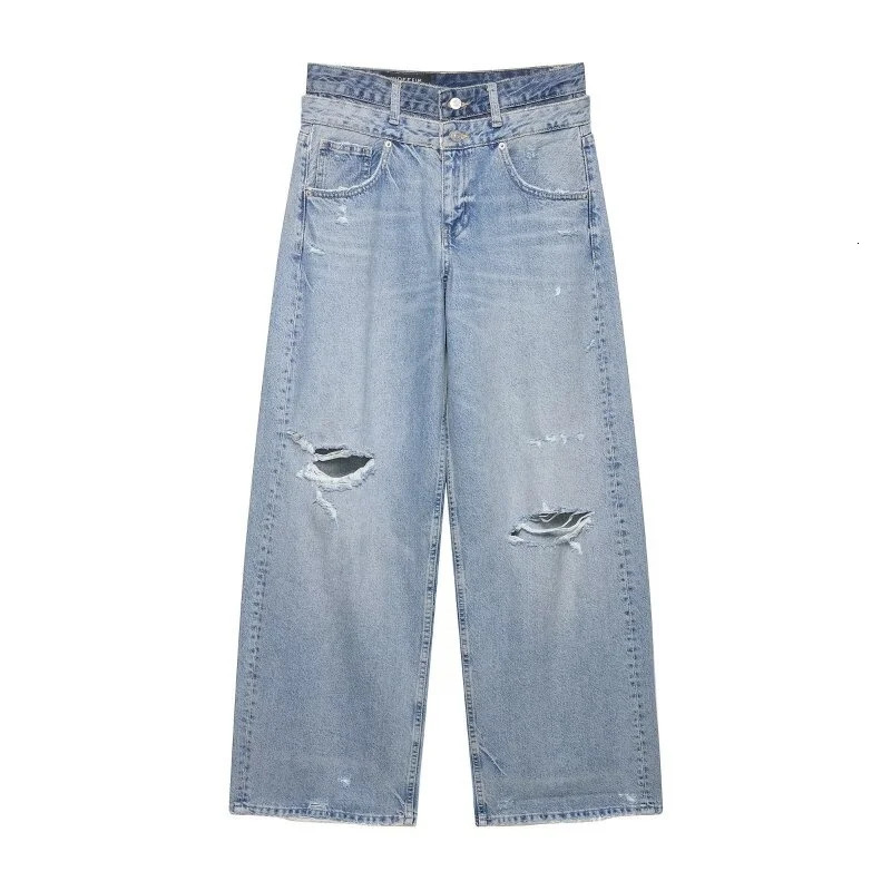 2026 Arrival Womens Double Waistband Distressed Jeans Y2K Grunge Ripped Wide Leg Denim Pants Spring Streetwear Baggy Trouse 260717BJ