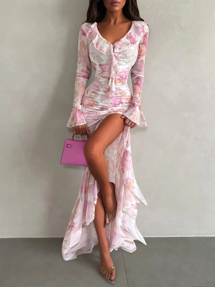 Fashion Pink Floral Print Maxi Dress Elegant V Neck Ruffle Trim Flare Sleeve Ruched High Chiffon 2026 Lady Party Vestido 260717banjia