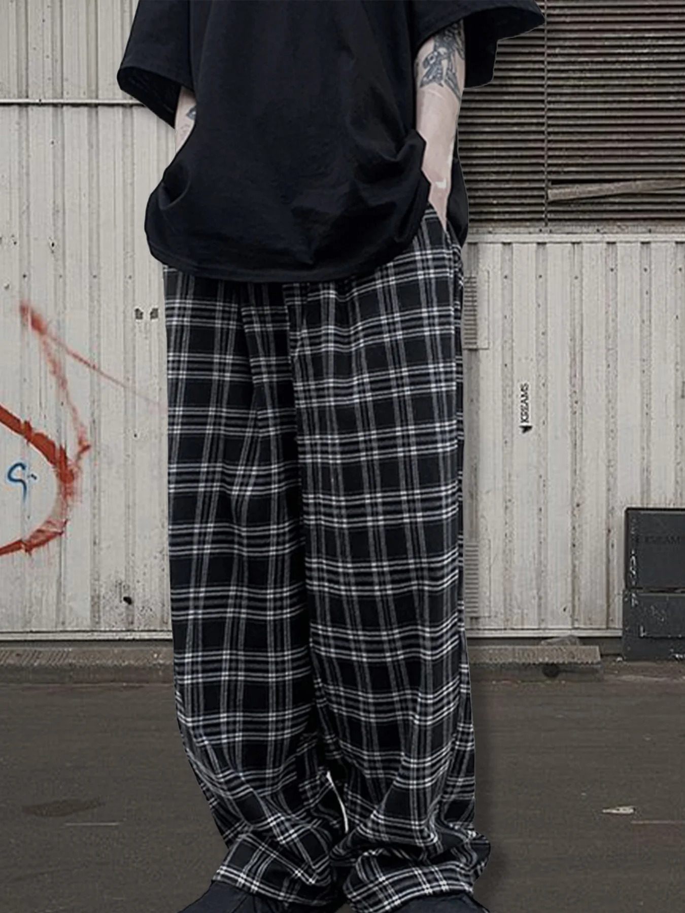 Mens Classic Plaid Drawstring Straight Pants Spring Summer Loose Casual Drape Trousers 260717banjia