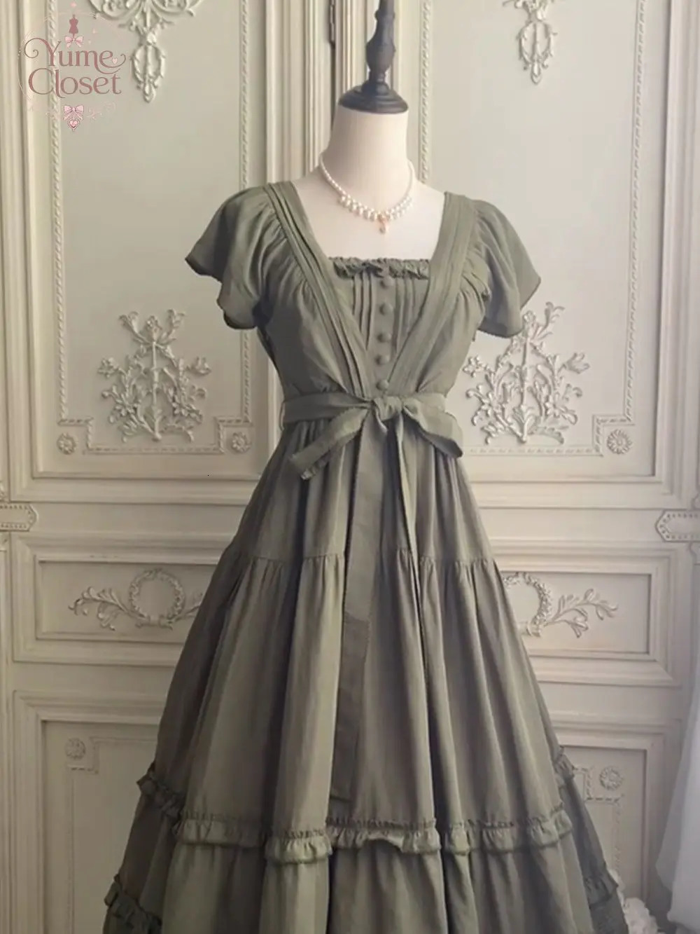 Japanese Vintage Dres Moss Green Puff Short Sleeve Square Neck Lace Trim Tie Waist Ruffle Maxi Cottage Outfit 260717banjia