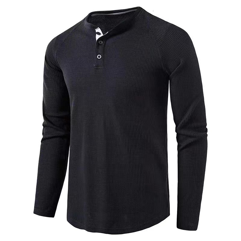 European And American Autumn Winter New Cross Border T Amazon Foreign Trade Men's Solid Color Long Sleeve Base Henley Shirt Men