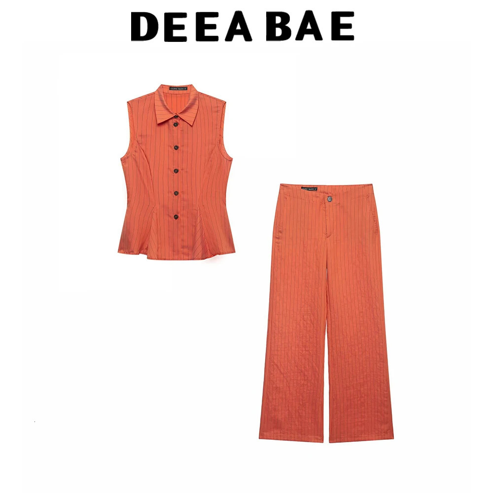 DEEABAE Womens clothing 26 sleeveless striped nine point short skirt style vest low waist casual straight leg pants set 260717BJ