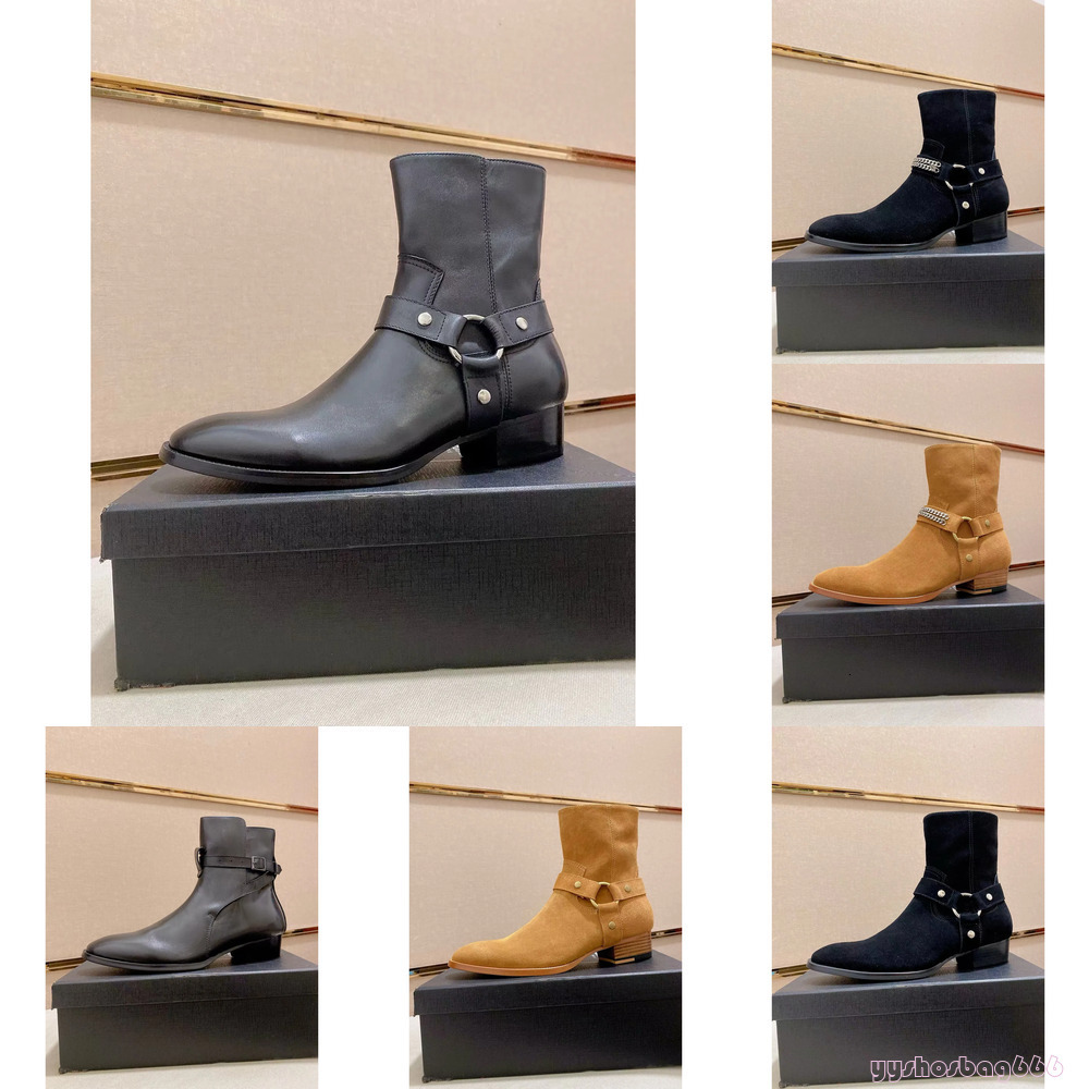 Winter Luxury Brand Wyatt Harness Boot Suede Calf Leather Ankle Strap Biker Boots Stacked Heel Gentleman Chelsea Booties Men's Knight Boot 4c