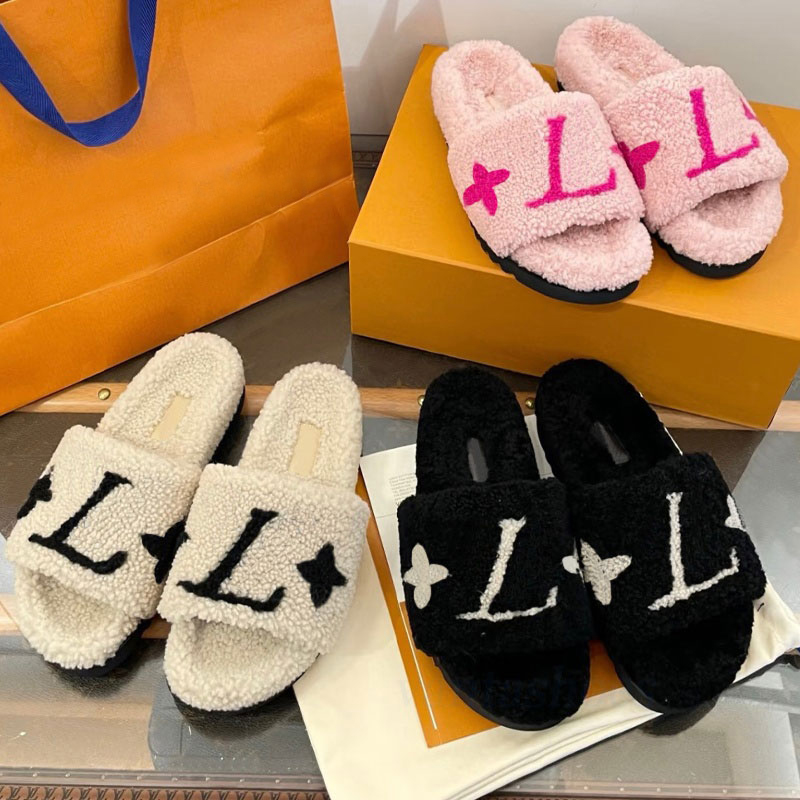 Designer Wool Slippers Slides Luxury Winter Fur Fluffy Furry Warm Letters Sandals Flat Fashion Womens Sliders Comfortable Fuzzy Girl Flip Flop Slipp