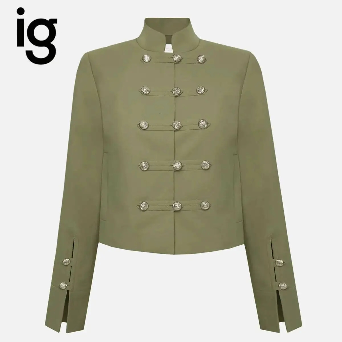 IG 2026 Womens Military Style Cropped Jacket Stand Collar Multi Row Double Silver Button Front Long Sleeve Split Cuff Slim Fit 260717BJ