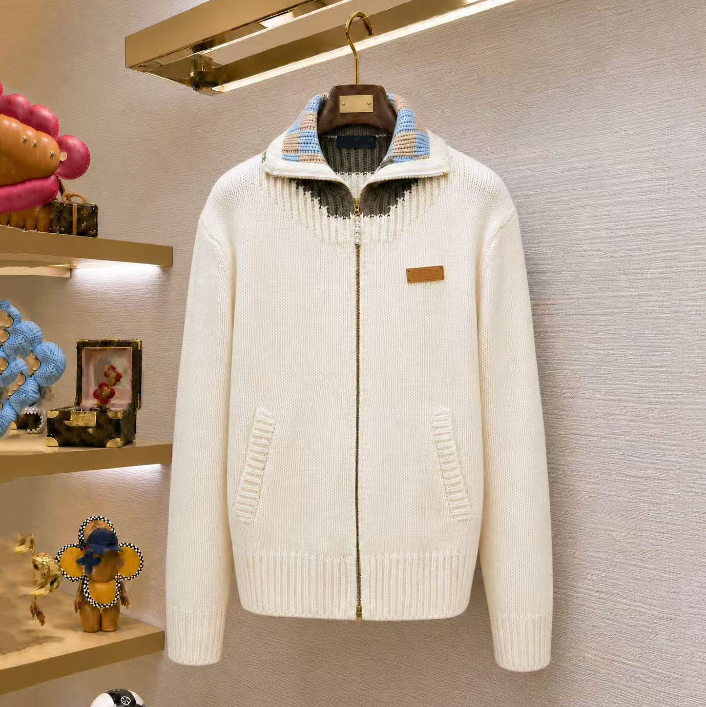 Designer sweaters, men's sweaters, high-quality zipper knitted cardigans, fashionable rainbow color navy collar knitted jackets, casual men