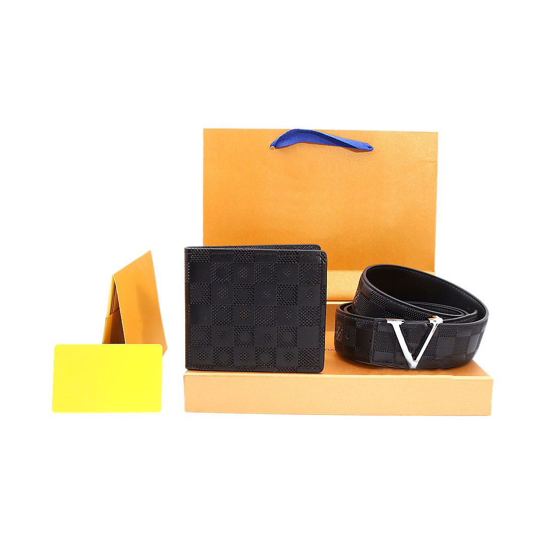 Ensemble portefeuille de ceinture en cuir de styliste pour hommes, motif à carreaux, cuir véritable, boucle en forme de V, portefeuille court à d