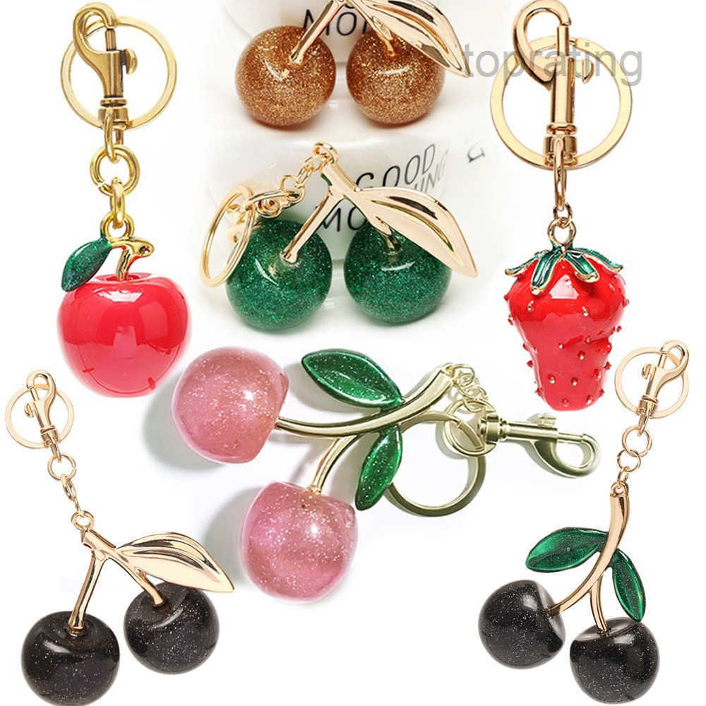 keychain designer style keychain luxury electroplated shiny 3d double cherry with leaf sweet girl exquisite charm car key pendant portable decorativ