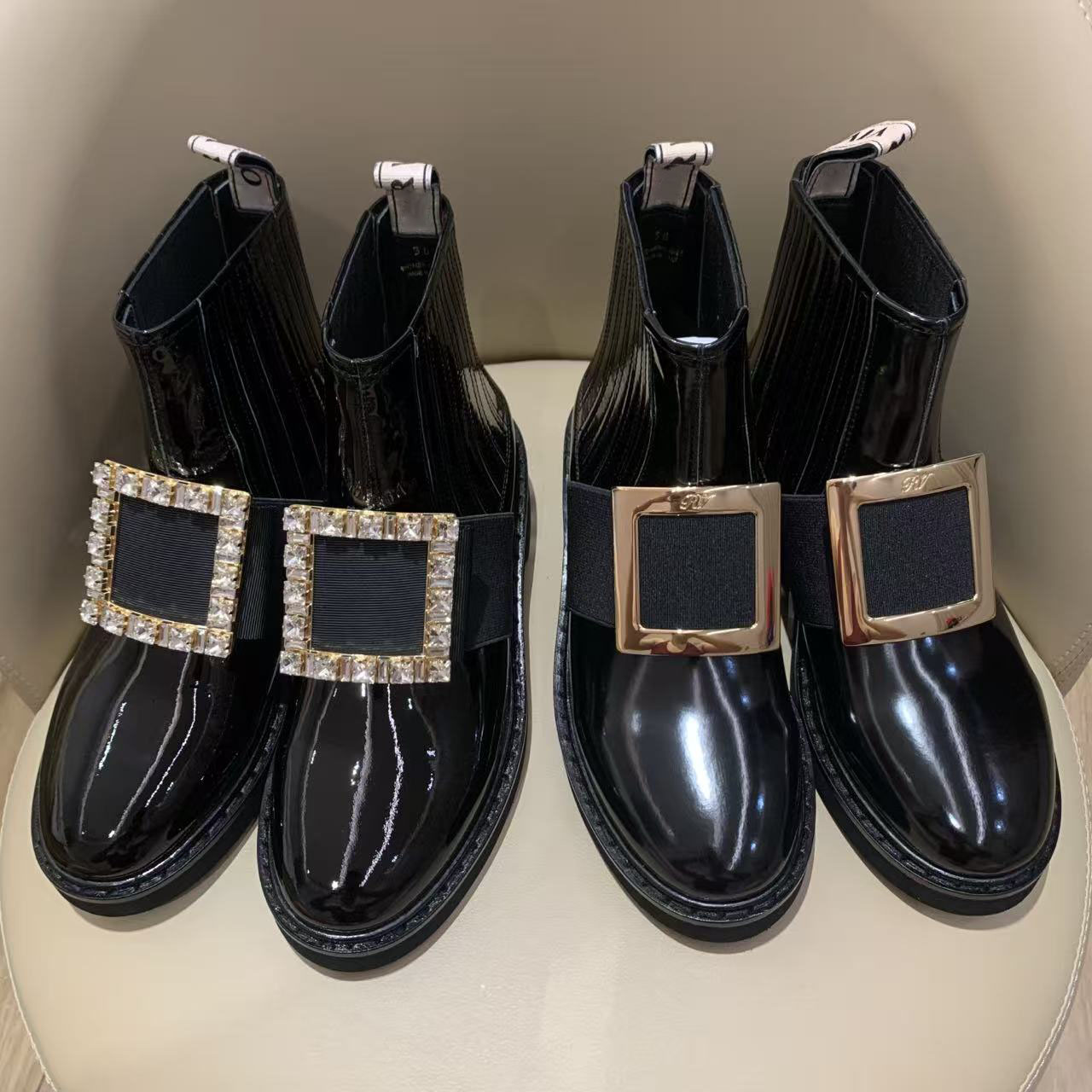 Botas cortas con hebilla cuadrada de diamantes de imitación de alta calidad hechas de cuero genuino, botas inglesas Chelsea para mujer, botines de s
