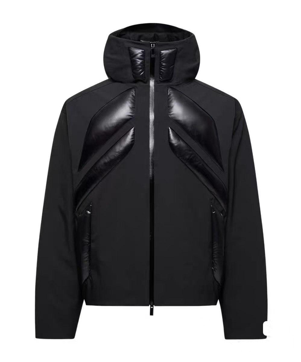2026 Fall TOP Designer Unisex Short Hooded Down Jacket Glossy Nylon Geometric Patchwork Zip Puffer Coat Adjustable Cuff Drawstring Hem Street Outerw