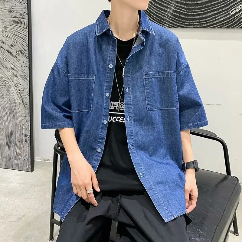 Loose Mens Denim Shirt Half Sleeve Short Casual Korean Style Summer Fashion Male Model Fit 260713BANJIA
