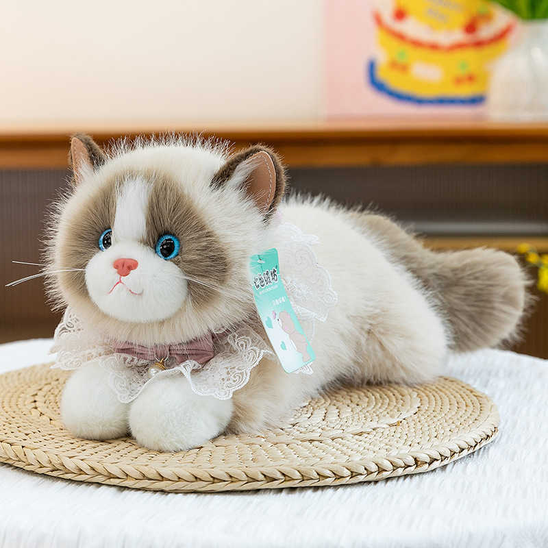 Cat Plush Toy, Realistic Cat Plushie With Lace Collar, White And Gray Plush Doll With Nanoparticle Filling - Stuffed Animal For Children Over 8 Y