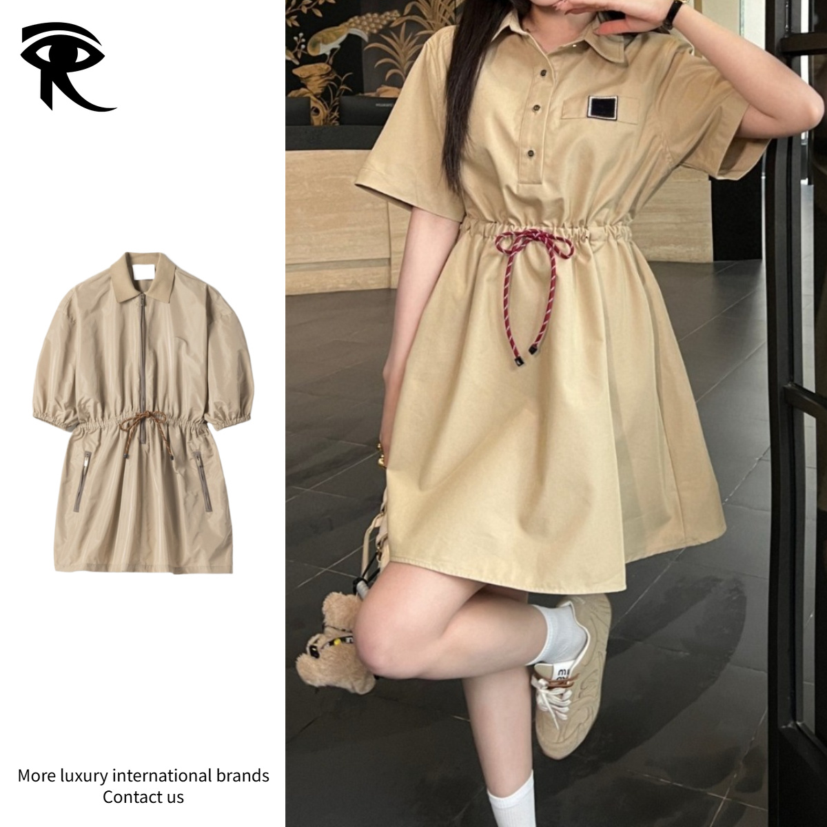 Femmes Robe décontractée à la taille avec cordon de serrage Style sportif d'été Mini robe à col zippé Style jeune streetwear de tous les jours Ro