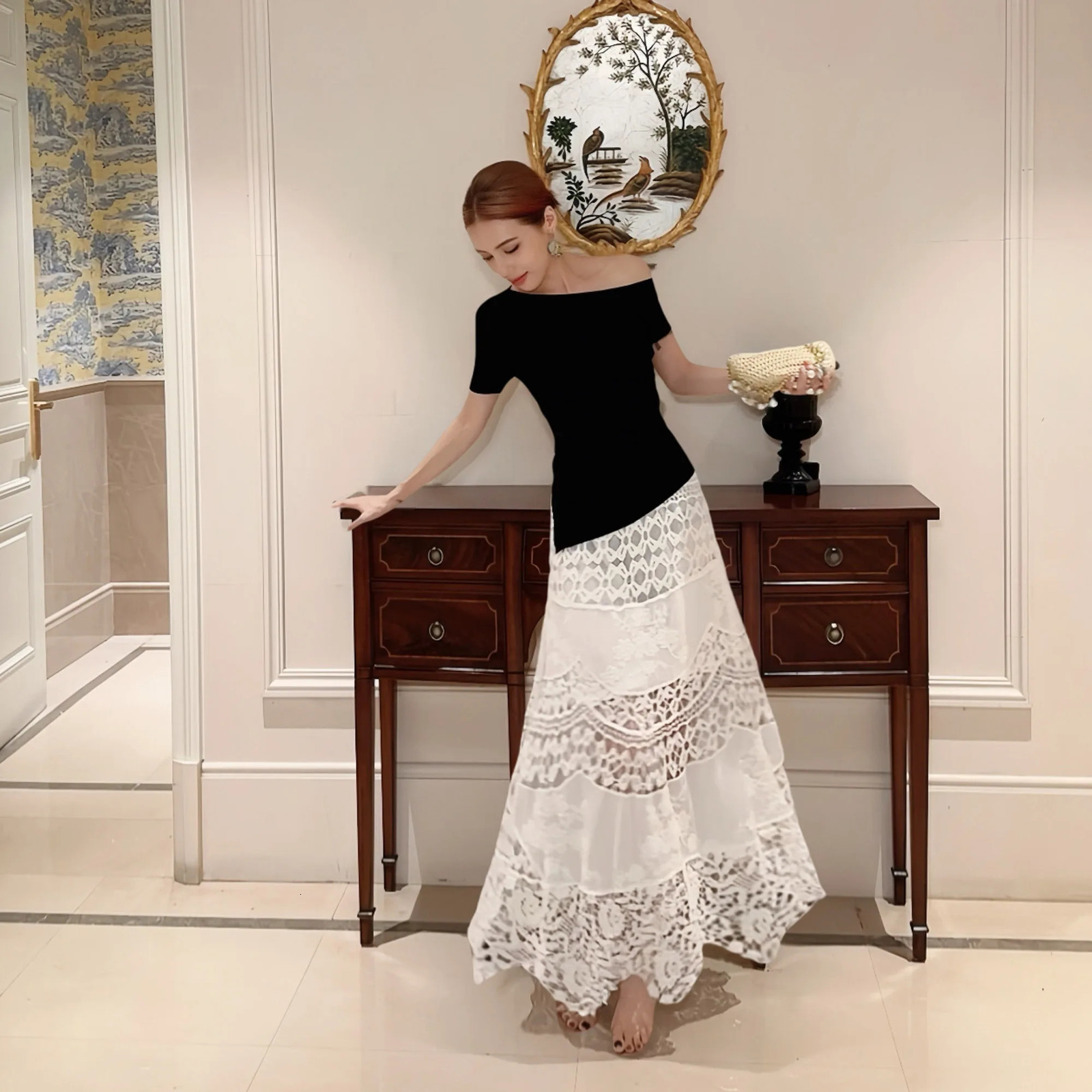 y Boho Crochet Hollow Out Maxi Skirt Women Elegant Patchwork Floral Lace Long Skirts Chic Scalloped Beach Outfits DM3BSK004 260717 ec