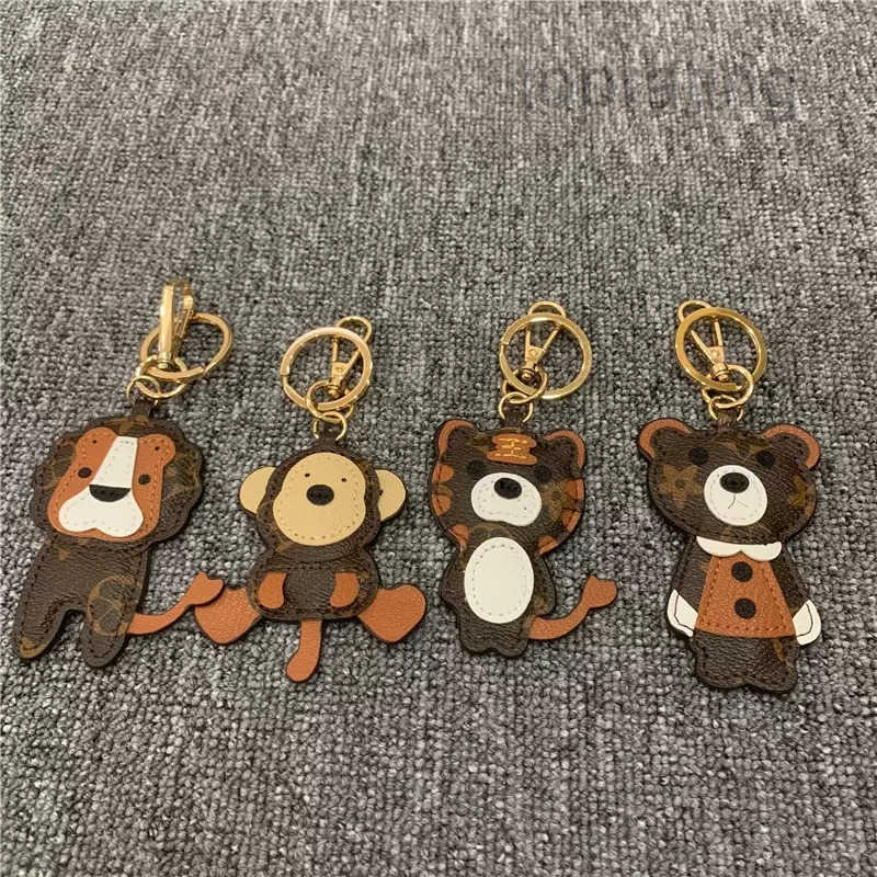 Designer Animal Key Chain Brown Flower Monkey Tiger Lion Bear Keychains Accessories PU Leather Car Keys Holder Gold Metal Cartoon Keyring Jewelry Ba