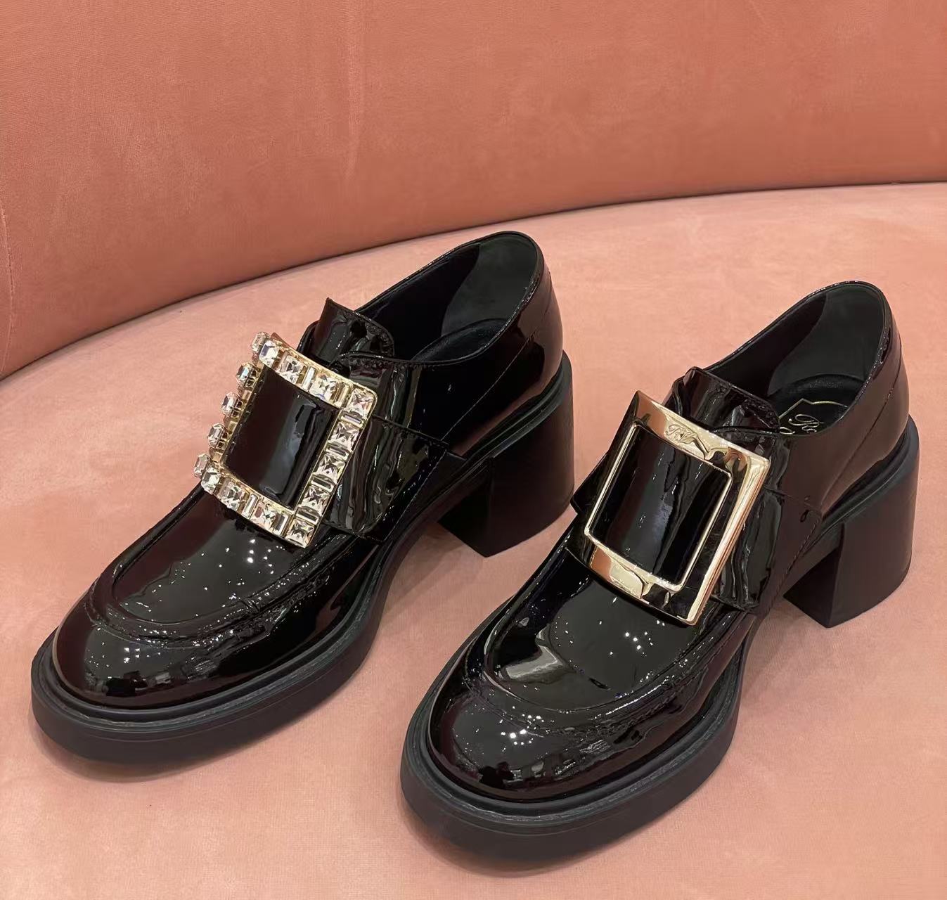 Top quality rhinestone square buckle loafers for women, made of versatile genuine leather, thick sole, thick heel, round toe, cowhide, size 35-40