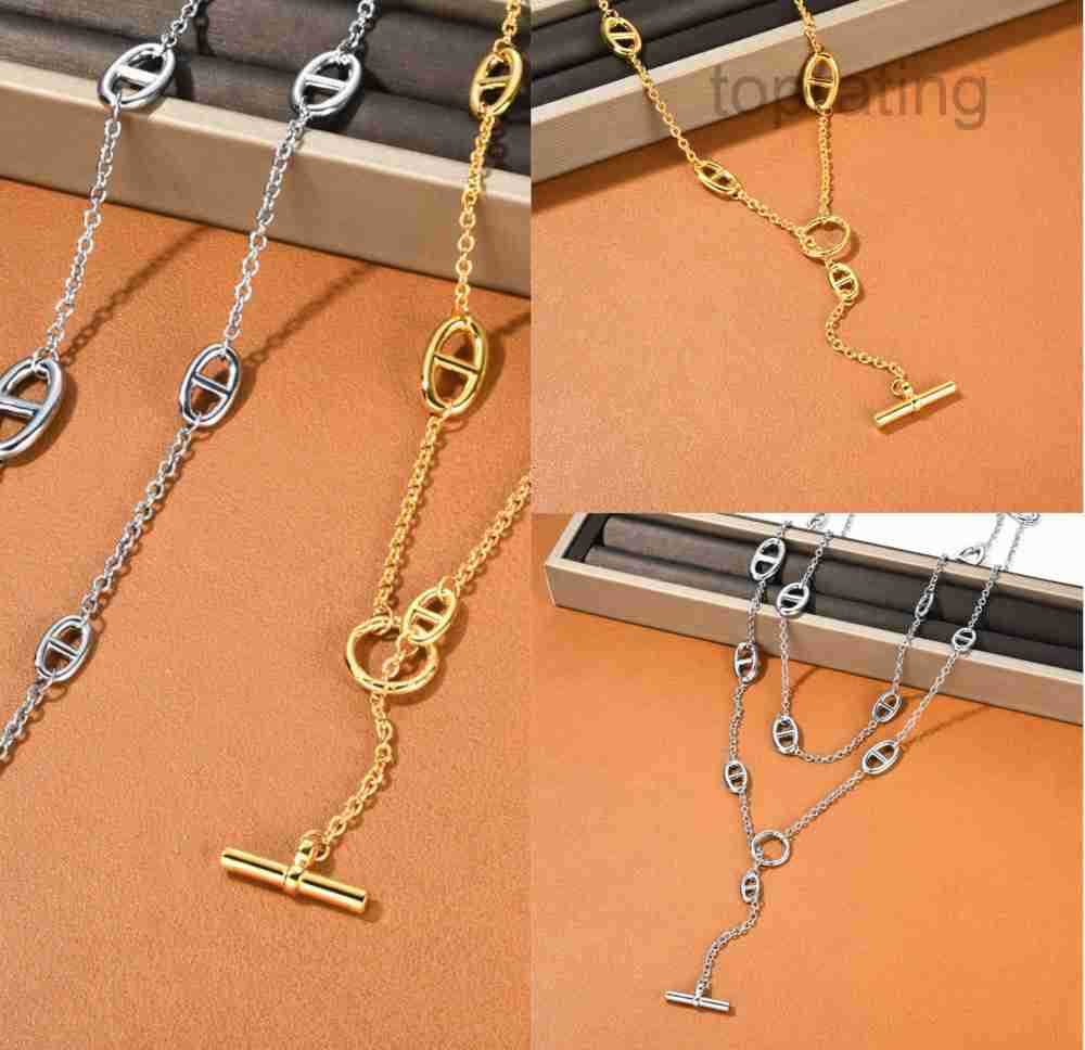 long necklace titanium steel Sier Necklace double layered with OT button clavicle chain designer jewelry high sense overlapping wear choker