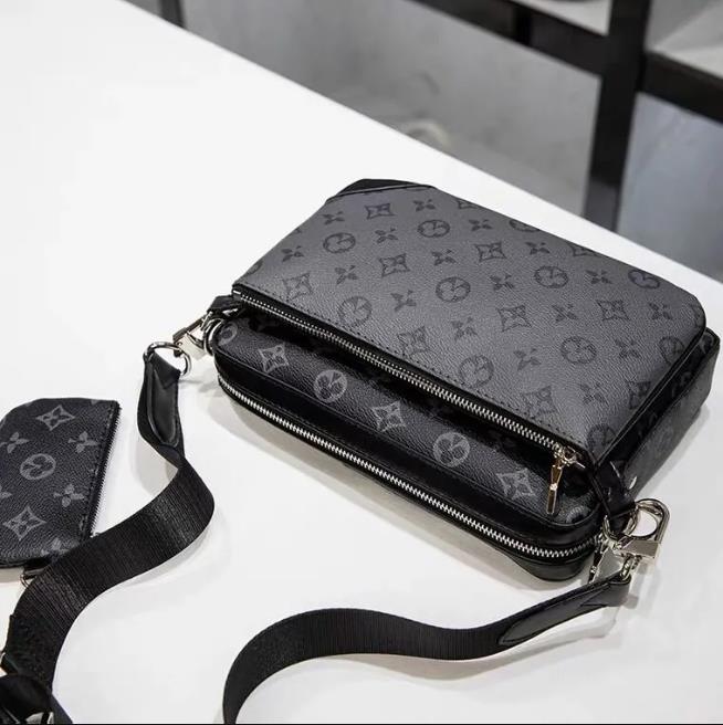 Sac de créateur Trio 3 en 1 pour homme - Sac à bandoulière en toile imprimée bicolore - Triple pochettes détachables - Large sangle tissée réglab