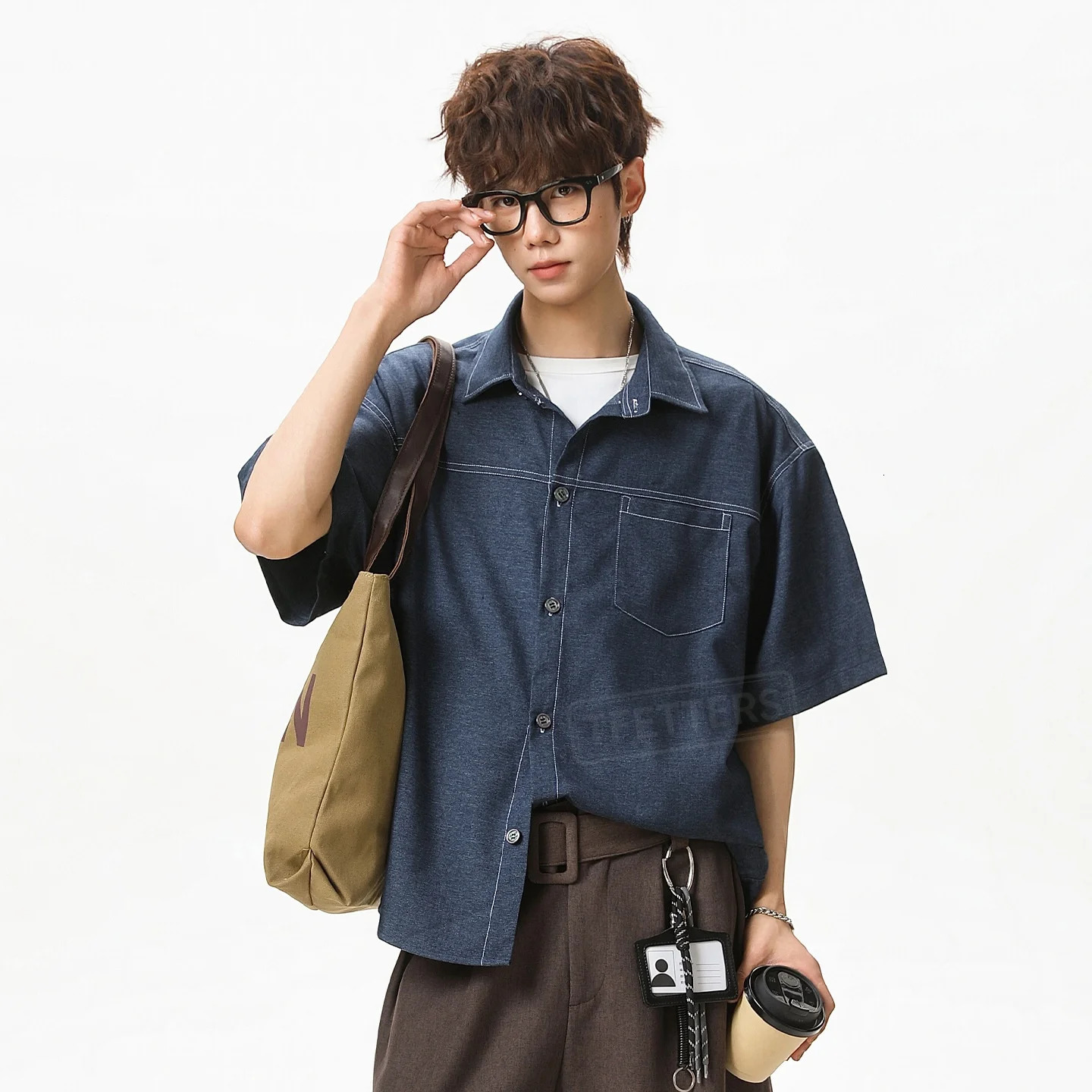 TFETTERS 20260 Light Retro Faux Denim Shirt Men summer Contrast Stitching Preppy Style Breathable Loose cargo shirt for man 260713BANJIA