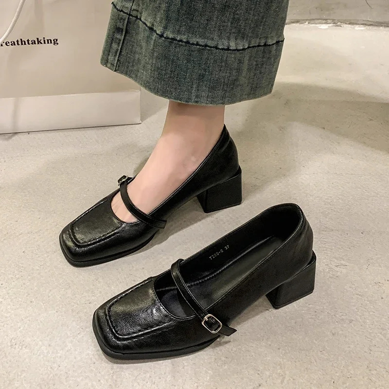Woman Mary Jane Sheepskin Retro Shoes 2025 Thick Heeled Pumps One Strap French Style Vintage Shoes Spring Atumn Buckle Pumps 260717