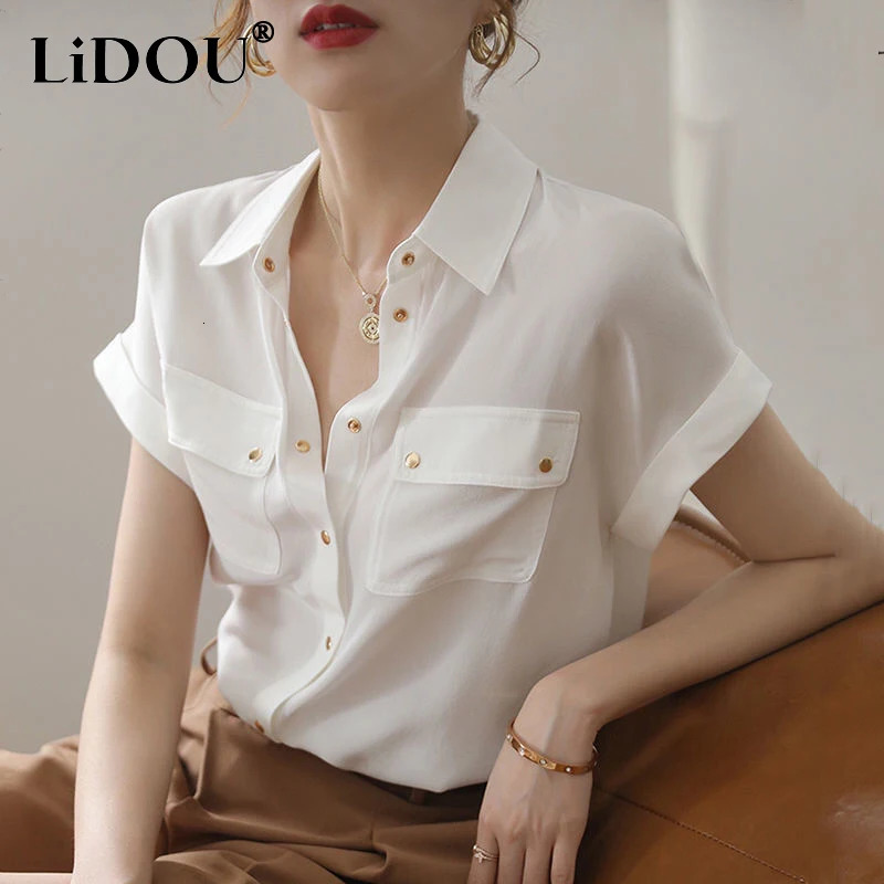 Summer Fashion Elegant Short Sleeve Womens Shirt Pocket Lady Simple Allmatch Buttons Casual Chiffon Blouse Solid Tops 260713BANJIA