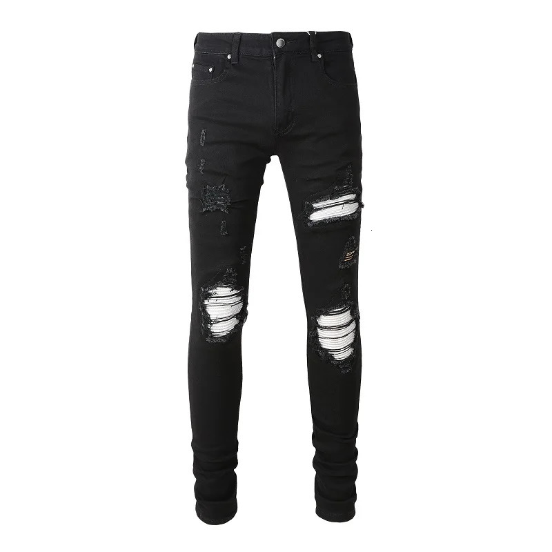 Men Cracked Silver Leather Patch Biker Jeans Streetwear Skinny Tapered Stretch Denim Pants Holes Ripped Patchwork Black Trousers 260720BJ